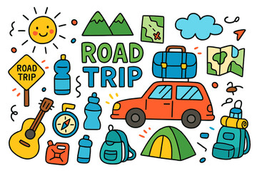 Naklejka premium Colorful Road Trip Doodles. Road Trip. Colorful Hand-drawn doodle Children illustration Car, suitcase, map, road sign, mountain, sun, cloud, tent, compass,