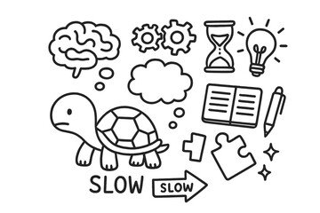 Slow Ideation Doodle. Slow ideation process. Hand-drawn doodle illustration slow ideation process turtle doodle, brain outline, gears turning, hourglass, light