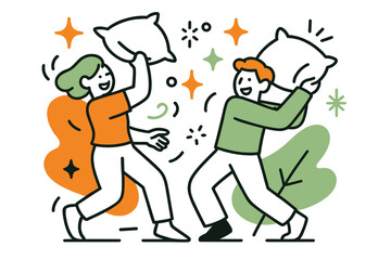 Naklejka premium Playful Pillow Fury. Pillow Fight. Two glowing characters tossing fluffy pillows, abstract floating spark and star icons symbolizing playful energy. Modern
