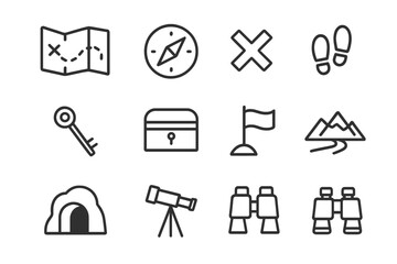 Treasure Hunt Icons. Treasure hunt. Line icon set of Treasure hunt: map, compass, X mark, footsteps, key, chest, flag, mountains, river, cave, telescope,