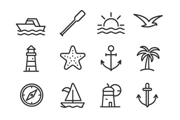Boating Sunset Icons. Boating sunset. Line icon set of boating sunset: boat, oar, sun setting, waves, bird flying, lighthouse, starfish, anchor, palm tree,