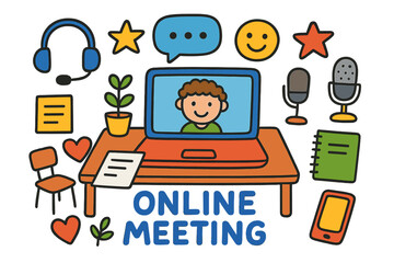 Fototapeta premium Colorful Online Meeting Doodles. Online Meeting. Colorful Hand-drawn doodle Children illustration laptop, headset, microphone, chat bubble, smiley face, star,