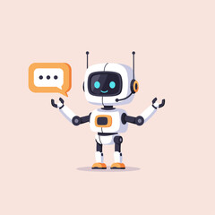 A friendly cartoon robot chatbot wearing a headset and presenting an orange speech bubble.