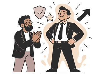 Confident Executive Success. Confidence building. Executive standing taller while mentor claps beside, glowing aura of energy forming around. Floating shield,