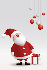 3D cute Santa Claus looks up at decorated Christmas balls hanging above with a gift box lying next to him on vertical background graphic illustration have blank space.