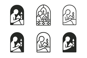 Cozy Nook Logos. Reading by candlelight. Set Logo of Cozy reading: cozy nook with candle. harmonious logo variations of the same emblematic concept, each with