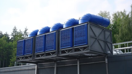 Industrial cooling system with blue ventilation ducts on rooftop against a green forest background