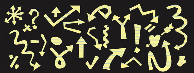 Set of Cutout paper arrows with yellow striped pattern. Crooked Arrows of various shapes like Paper clippings. Design elements for fancy collage, stickers.