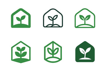 Obraz premium Greenhouse Logo Variations. Organic and plant-based food systems. Set Logo of greenhouse: plant growing under protective structure. harmonious logo variations