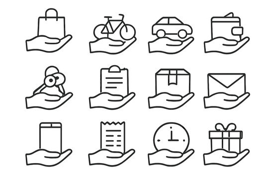 Helping Hand Icon Set. Helping Hand. Line icon set of Helping Hand: shopping bag, bicycle, car, wallet, keys, clipboard, delivery box, envelope, mobile phone,