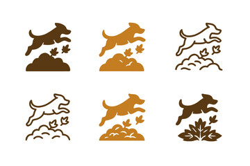 Dog in Leaf Piles. Jumping into leaf piles. Set Logo of Jumping into leaf piles: Playful dog. harmonious logo variations of the same emblematic concept, each