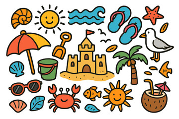 Fototapeta premium Colorful Beach Doodle. Beach. Colorful Hand-drawn doodle Children illustration Seashell, starfish, sandcastle, bucket, shovel, umbrella, waves, flip-flops,