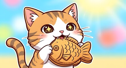 Cute cartoon cat enjoying a fish-shaped biscuit under sunny skies
