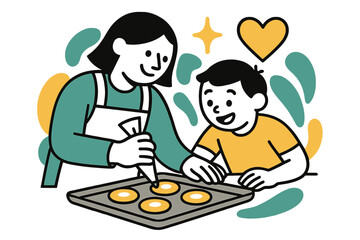 Heartfelt Cookie Decorating. Family Baking. A parent and child decorating glowing cookies, abstract floating heart and spark icons symbolizing love and joy.