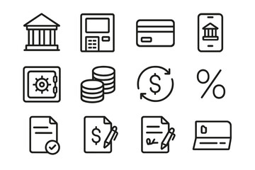 Banking Icon Set. Banking. Line icon set of Banking: bank building, ATM machine, credit card, debit card, mobile banking app, vault, safe box, coins stack,