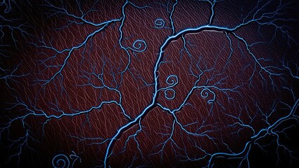 Closeup view of blue glowing neural network connections on a dark textured background. Raster. Generative AI.