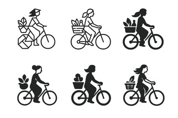 Obraz premium Women Entrepreneurship Logos. Women entrepreneurs in rural areas. Set Logo of Women entrepreneurs in rural areas: Farm-to-table delivery bicycle. harmonious