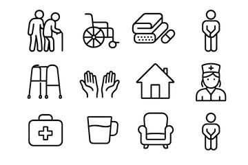 Home Care Icons. Home care. Line icon set of Home care: caregiver, elderly person, wheelchair, blanket, medicine, walking aid, support hands, home icon, nurse,