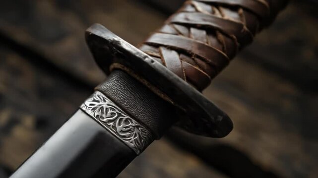 Close up of a sword handle with leather grip against a dark wooden background