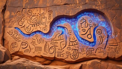 Carved stone wall with glowing blue dragon-shaped design and ancient symbols illuminated in low light. Raster. Generative AI.