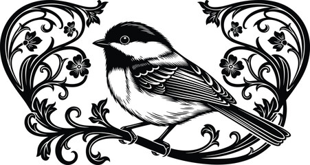 Intricate black and white bird illustration perched on ornate floral branch with symmetrical vines, blooming flowers, and vintage decorative engraving style