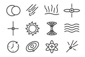 Cosmic Phenomena Icons. Cosmic phenomena. Line icon set of Cosmic phenomena: eclipse, meteor shower, aurora, pulsar, gamma ray burst, solar flare, wormhole,