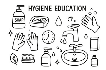 Hygiene Icons Illustration. Hygiene education. Hand-drawn doodle illustration hygiene education soap dispenser, soap bar, hand, faucet, sink, towel, bubbles,