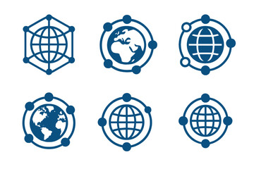 Global Network Logos. Cross-cultural exchange programs. Set Logo of globe network: Earth surrounded by connecting nodes. harmonious logo variations of the same