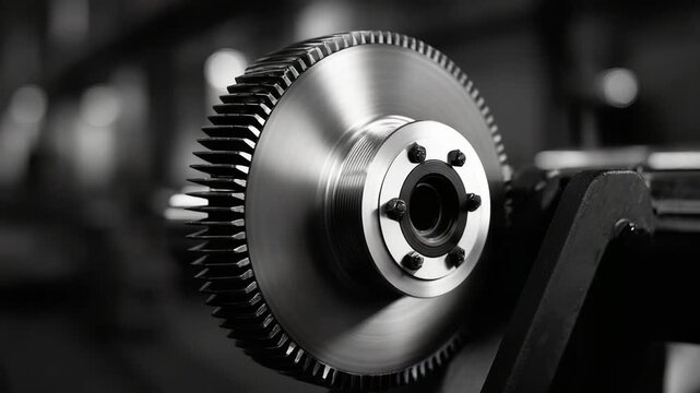 Close-up of a large metal gear with teeth mounted on a spindle in a workshop.