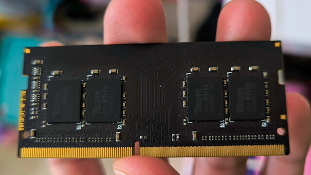 A black computer memory module, a vital electronic component for a laptop upgrade and system performance. East Java, Malang - September 13 2025