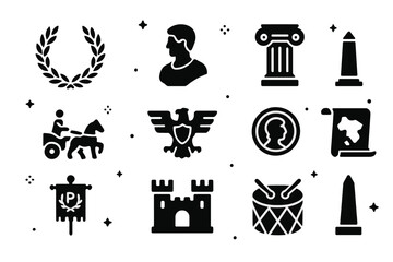 Empire Icon Set. Empire. Solid icons set of Empire: laurel wreath, emperor bust, amphitheater, column, chariot, eagle emblem, coin, map scroll, standard flag,