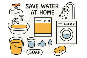 Water Conservation Doodles. Save Water at Home. Hand-drawn doodle illustration faucet (colored), showerhead, sink (colored), washing machine, dishwasher