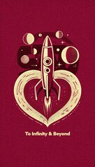 Retro-style romantic poster with rocket in a heart shape and text To Infinity and Beyond on a red background. Raster. Generative AI.