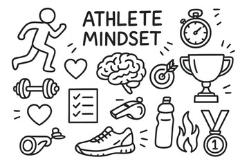 Athlete Mindset Icons. Athlete Mindset. Hand-drawn doodle illustration Athlete Mindset running figure, dumbbell, stopwatch, whistle, trophy, brain, heart,