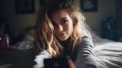 Fototapeta premium A young woman takes a casual selfie on her bed bathed in soft daylight creating a warm and intimate atmosphere