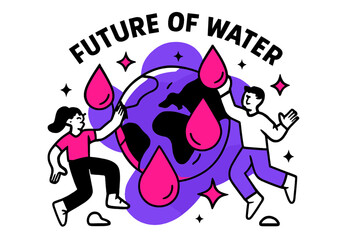 Glowing Water Future. Future of water. A glowing globe with large water droplet symbols floating, abstract stars and sparkles showing the importance of