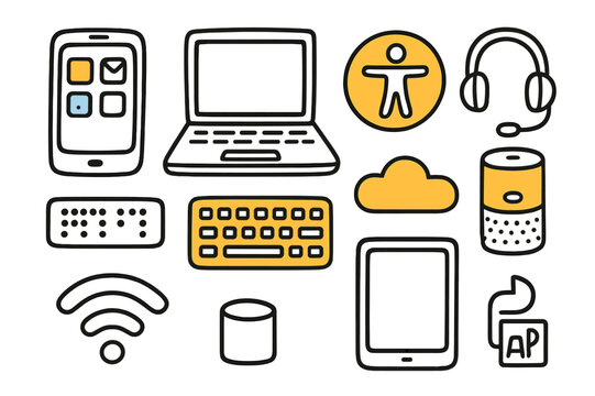 Accessible Tech Doodles. Accessible Technology. Hand-drawn doodle illustration smartphone with app icons (colored), laptop, screen reader icon (colored),