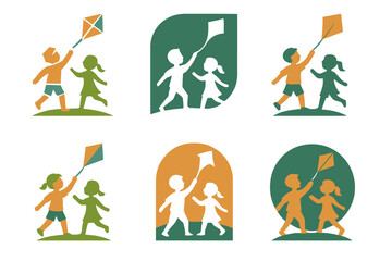 Kids Play Logo Variations. Children playing sports or engaging in physical activities. Set Logo of outdoor play: kids flying kite or playing catch. harmonious