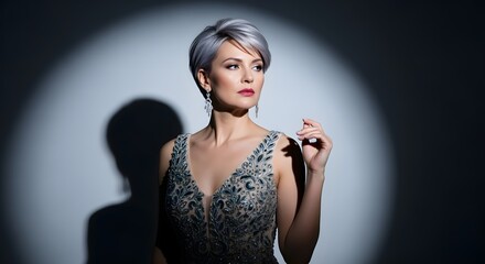 Obraz premium Sophisticated lady with silver hair and elegant gown, posing under soft light, modern fashion portrait for editorial designs.
