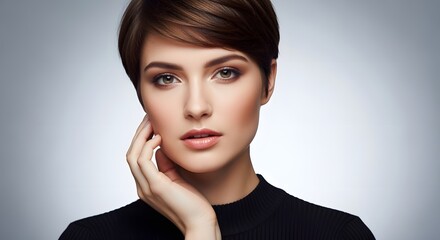 Elegant woman with short pixie hairstyle and subtle makeup, photographed in soft light studio against neutral background.