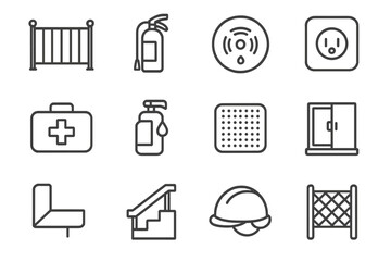 Safe Spaces Icon Set. Safe spaces. Line icon set of safe spaces: baby gate, fire extinguisher, smoke detector, outlet cover, first aid kit, hand sanitizer,