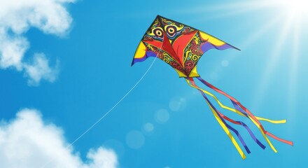 Colorful kite flying high in the blue sky with sun flare on a sunny day