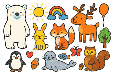Animal Friends Doodle. Animal Friends. Colorful Hand-drawn doodle Children illustration Polar bear, penguin, seal, rabbit, reindeer, fox, owl, squirrel, fish,