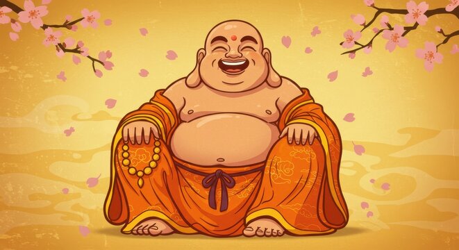 Happy buddha with cherry blossom on a golden background, symbol of good luck