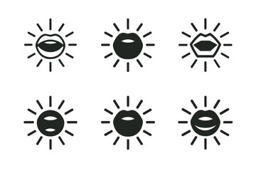 Expressive Mouth Logos. Freedom of expression. Set Logo of open mouth: stylized mouth speaking with radiating lines. harmonious logo variations of the same