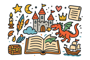 Obraz premium Magical Storybook Elements. Storytelling. Colorful Hand-drawn doodle Children illustration Open book, castle, dragon, star, moon, candle, quill, scroll,