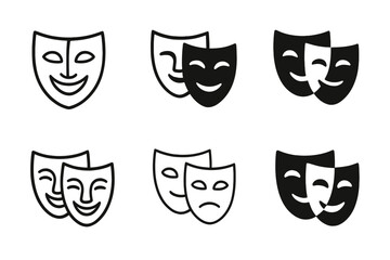 Theatrical Mask Logos. Ego and identity. Set Logo of layered masks: overlapping theatrical masks. harmonious logo variations of the same emblematic concept,