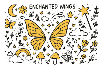 Naklejka premium Enchanted Wings Doodle. Enchanted Wings. Hand-drawn doodle illustration enchanted wings fairy wings (accented), butterfly wings, sparkles, fairy wand
