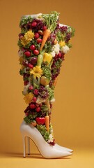 A pair of high heeled thigh high boots created completely with plant life such as carrots, celery, corn ,cherries, and strawberries, studio photography, bright vivid colors