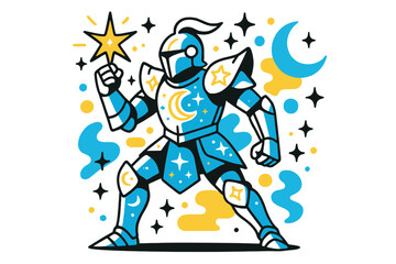 Fototapeta premium Celestial Armor Design. Celestial armor. A glowing suit covered with moon and star designs, abstract floating cosmic shapes and sparkles symbolizing divine